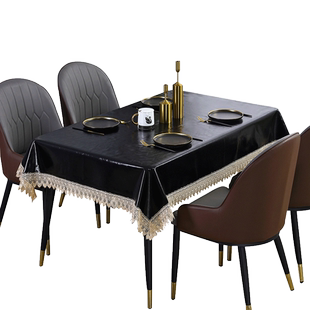黑色桌布高级感轻奢 油蜡皮四方方桌餐桌台布防水防油防烫正方形