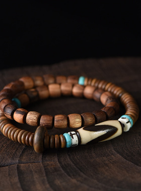 越南沉香木手串双圈男女款玛瑙天珠虎牙天珠复古民族风串珠文玩