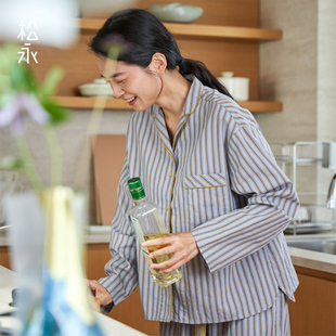 松永女士纯棉条纹睡衣套装春秋长袖衬衫领居家可外穿休闲家居服套