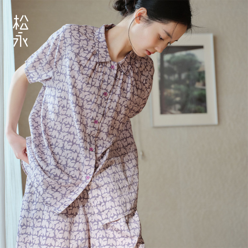 松永夏季新款女士纯棉翻领短袖短裤睡衣家居服套装印花柔软简约