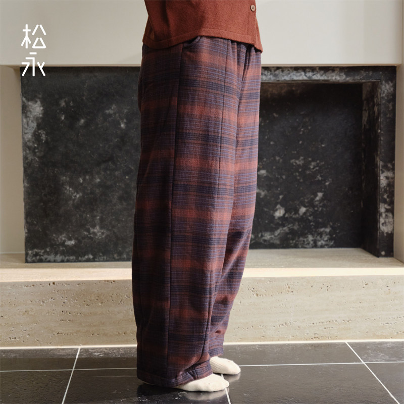 松永26年秋冬新款3M夹棉复古格子女松紧腰直筒长裤慵懒风家居裤