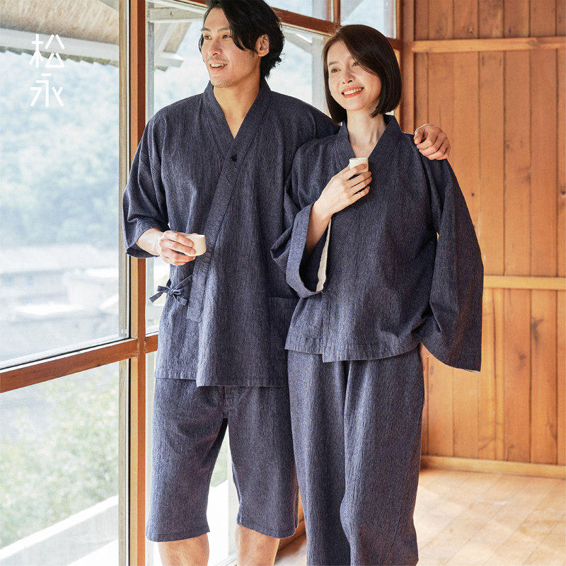 松永春夏季情侣棉麻汉服宽松大码茶服男士浴衣中袖中裤套装新中式