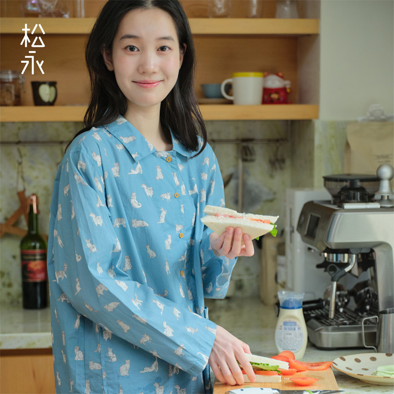 松永新款春夏女纯棉猫咪印花长袖长裤睡衣家居服套装简约居家风