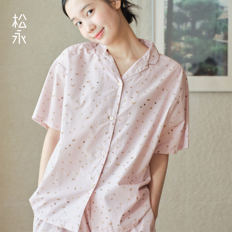 松永新款春夏女士纯棉短袖八分裤睡衣家居服套装粉色波点柔软简约