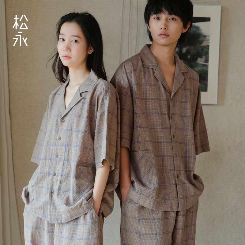 松永春夏男女情侣同款棉+木棉衬衫领睡衣套装短袖长裤柔软家居服