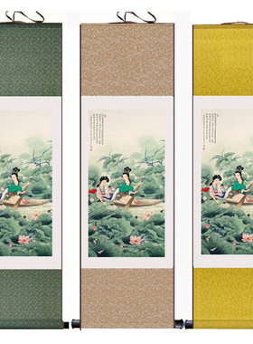 国画黄均新品采荷图仕女划船古典美女客厅书房玄关装饰画影视道具