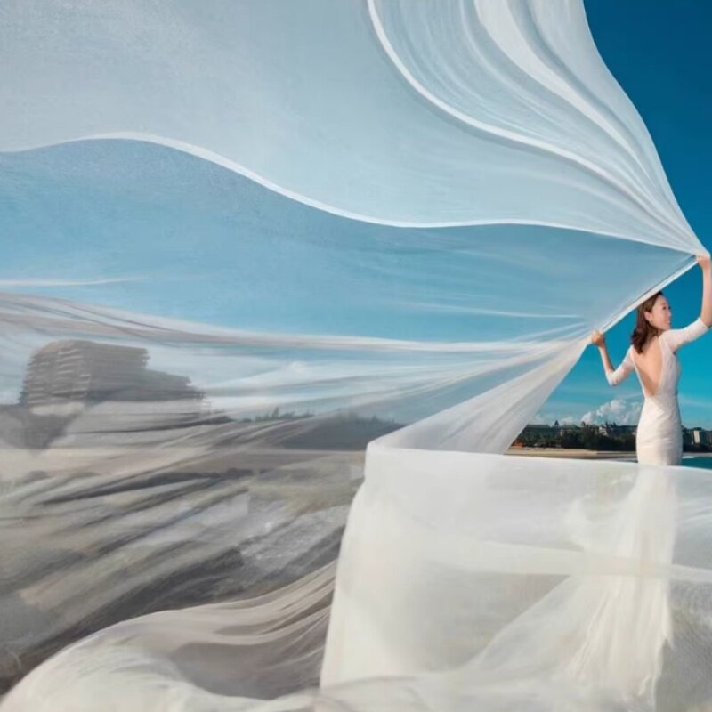 10米飘纱写真摄影细纱白纱婚纱拖尾长款软纱拍照白色头纱海边