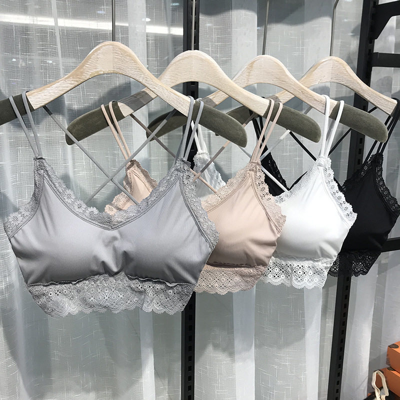 夏季冰肌蕾丝螺纹美背裹胸交叉吊带背心女冰丝带胸垫性感内衣