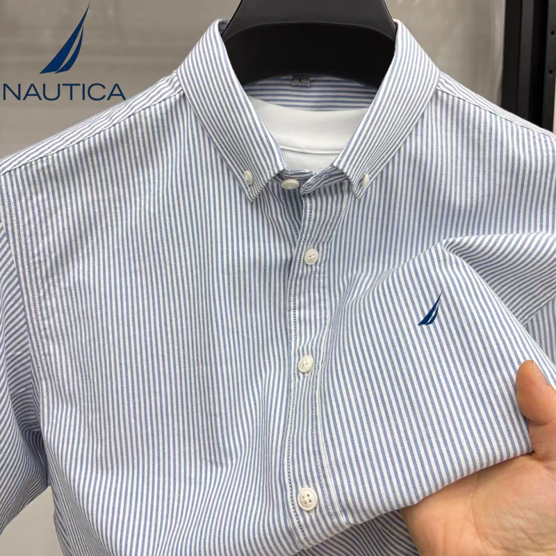 NAUTICA/诺帝卡夏季新款男高档纯棉商务短袖衬衫条纹刺绣休闲衬衣