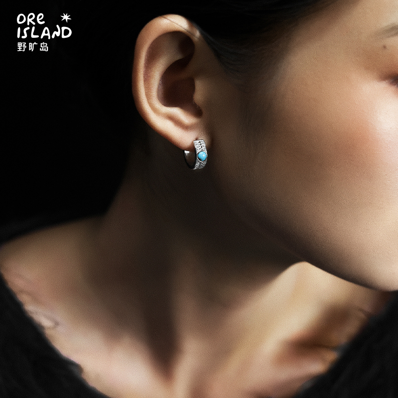 野矿岛925银绿松石耳饰镶嵌耳环个性时尚耳圈原创设计气质通勤