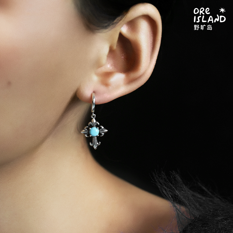 野矿岛925银原矿绿松石镶嵌复古欧美文艺十字架设计感耳环耳饰