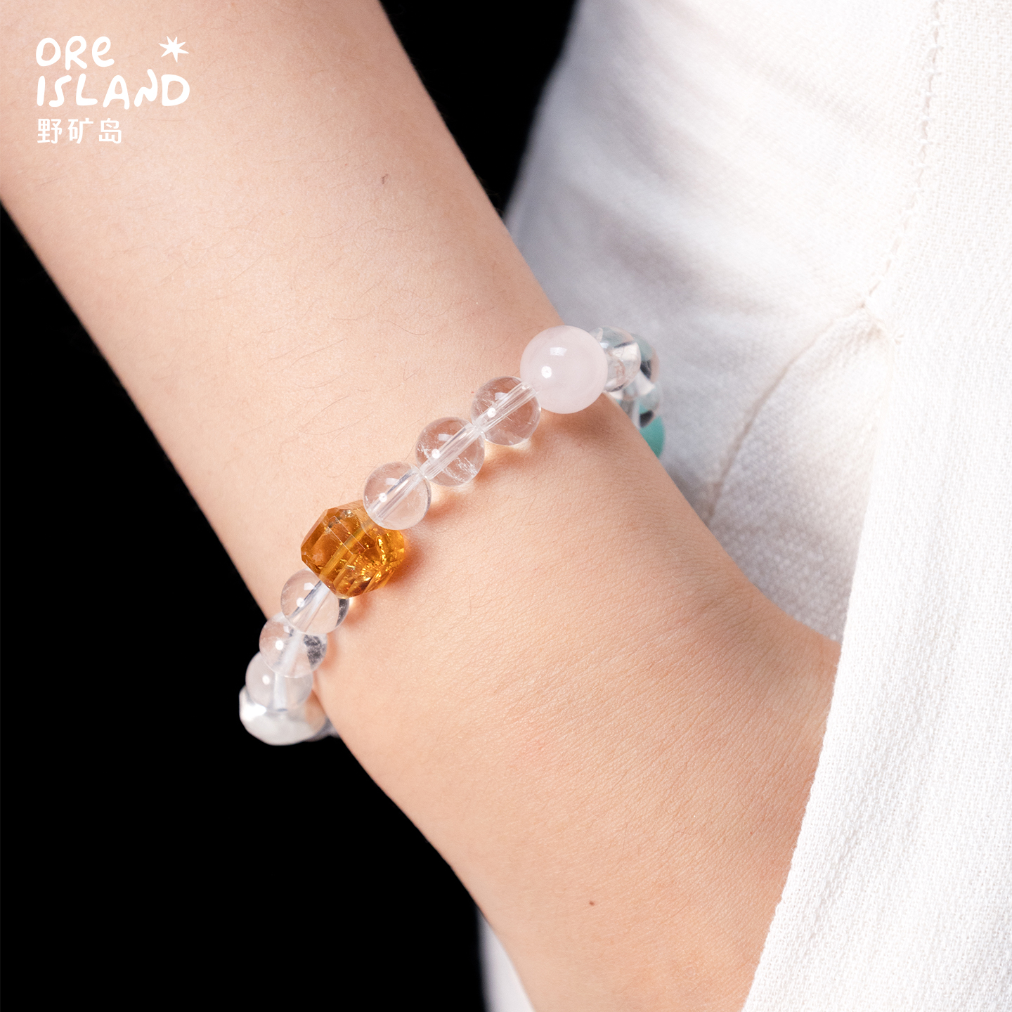 野矿岛天然黄水晶海蓝宝天河石粉晶人造白水晶S925银手链