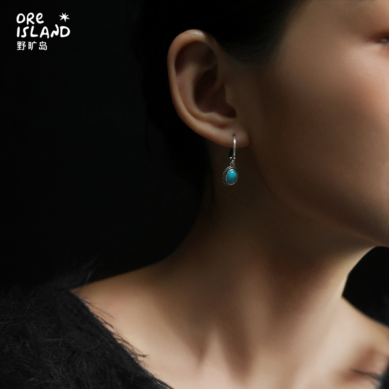 野矿岛原矿蓝绿松石镶嵌中性耳环耳饰925银简约大气原创设计圆形