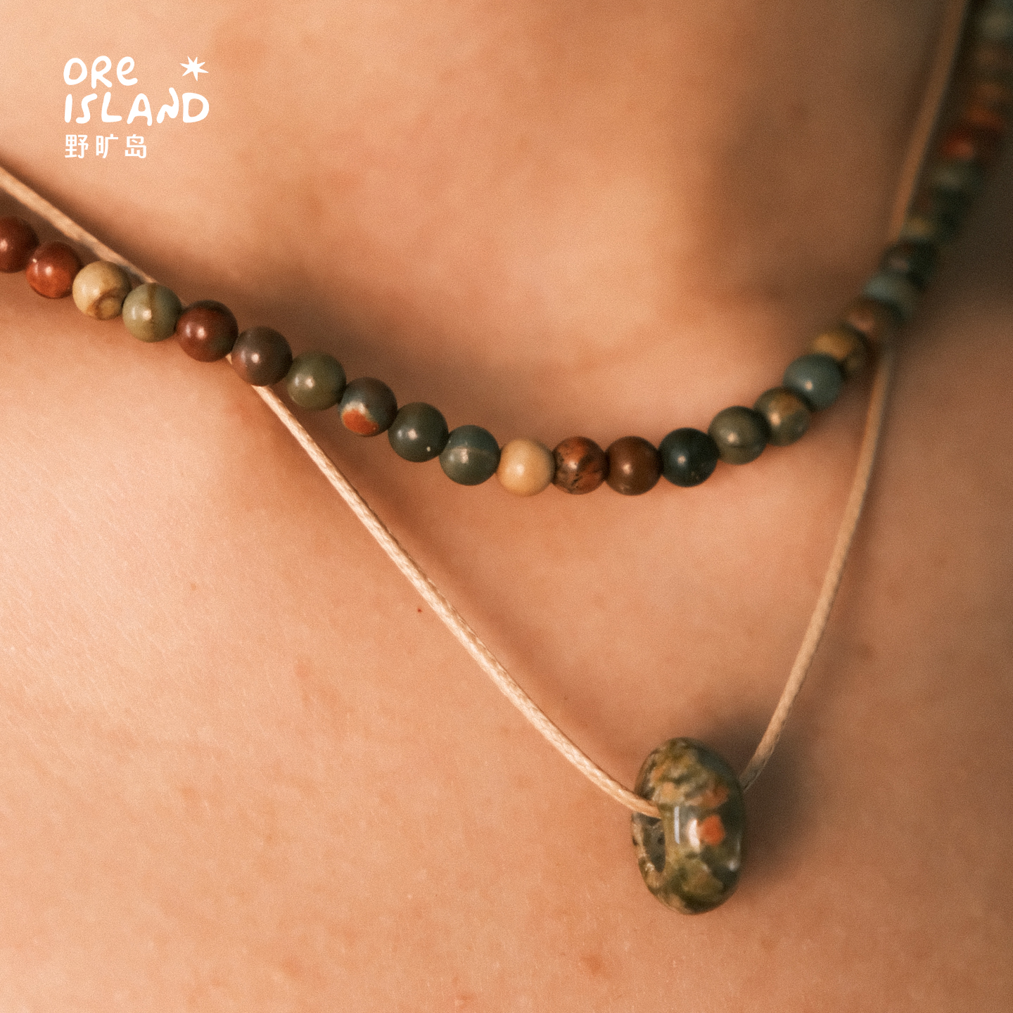 野矿岛新中式锁骨链原石串珠双层项链度假锁骨链民族风叠戴脖颈链