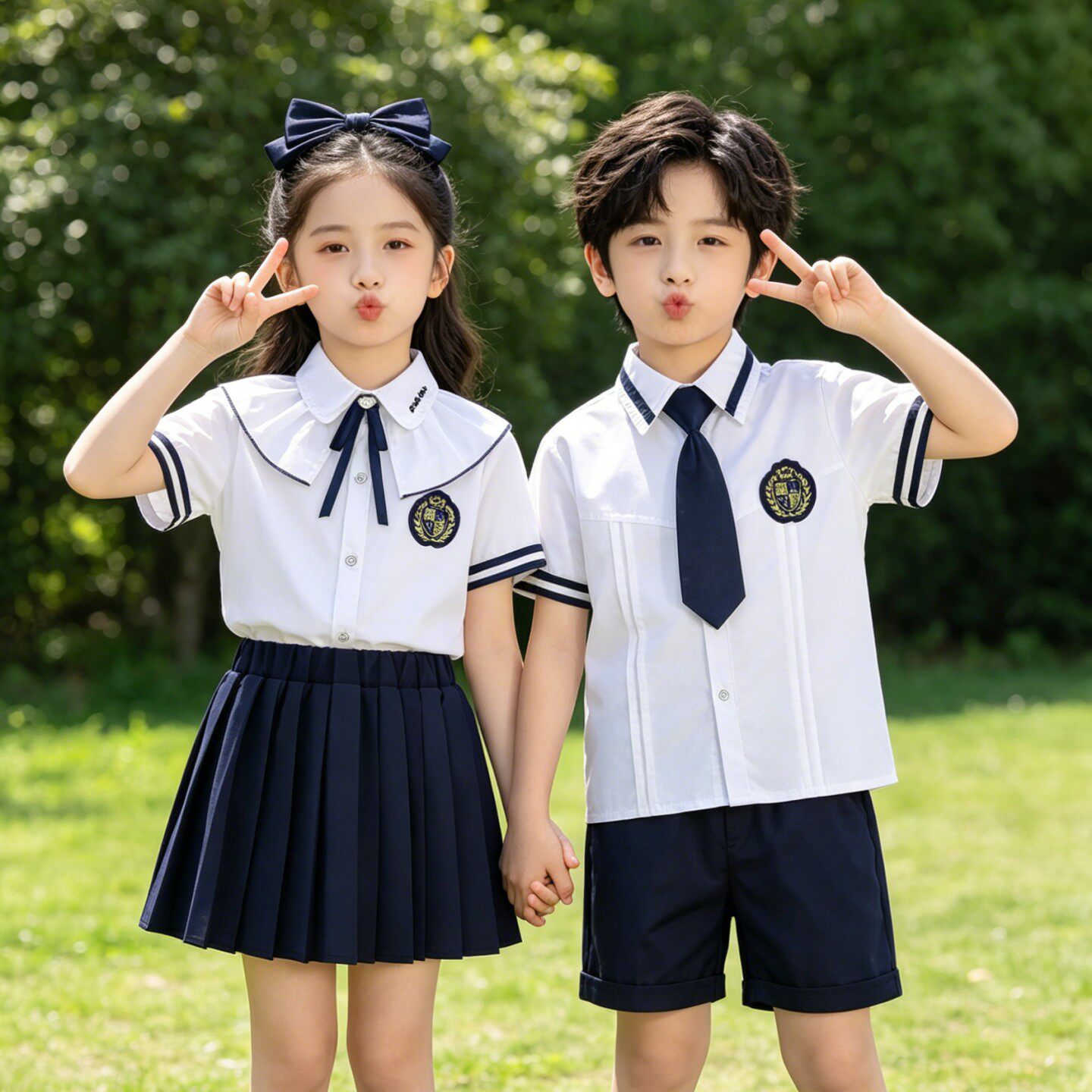 儿童校服套装男女童白色短袖衬衫小学生演出服合唱服制服英伦套装