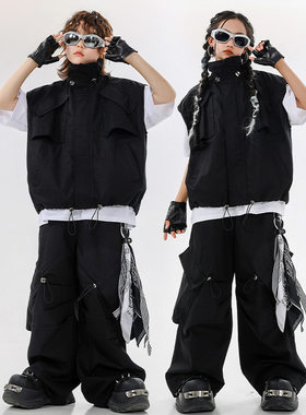 儿童街舞潮服夏天男童嘻哈黑色马甲套装少儿hiphop酷帅女童演出服