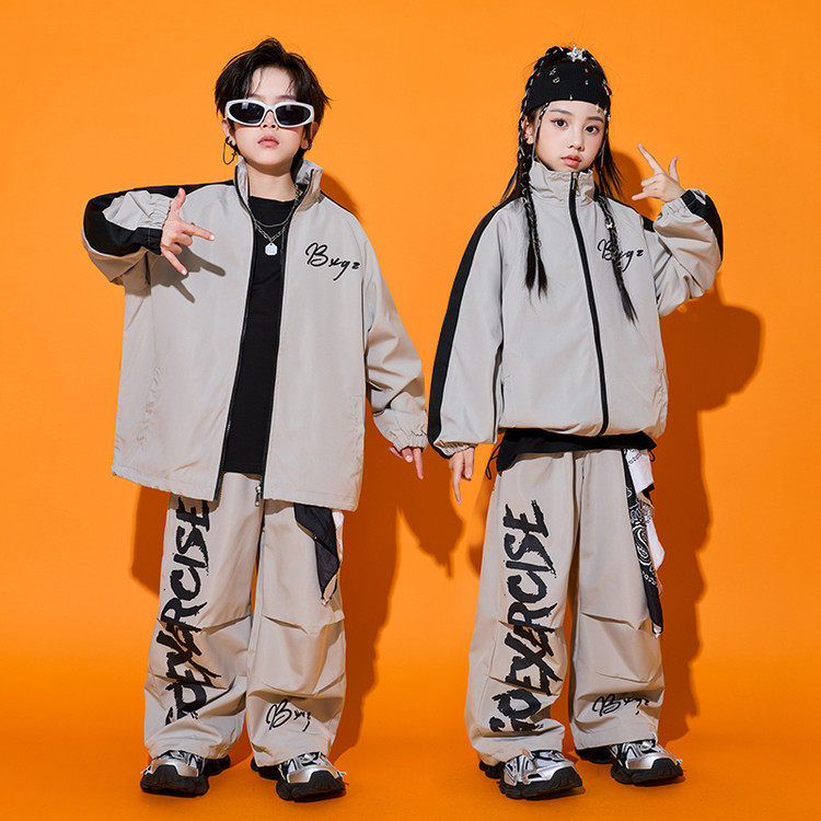 嘻哈街舞服装儿童酷帅潮服灰色元旦演出服男童套装hiphop男孩表演