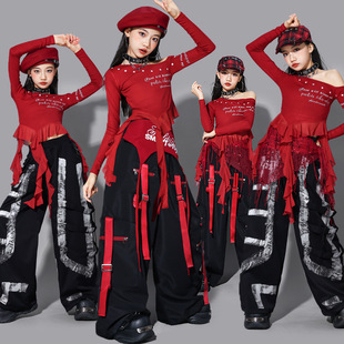 子潮 儿童街舞演出服女孩裤 女童红色jazz爵士舞服装 少儿练功服套装