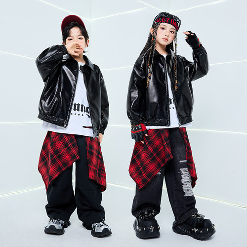 儿童街舞演出服爵士舞套装黑色皮衣外套男童潮服少儿hiphop嘻哈女