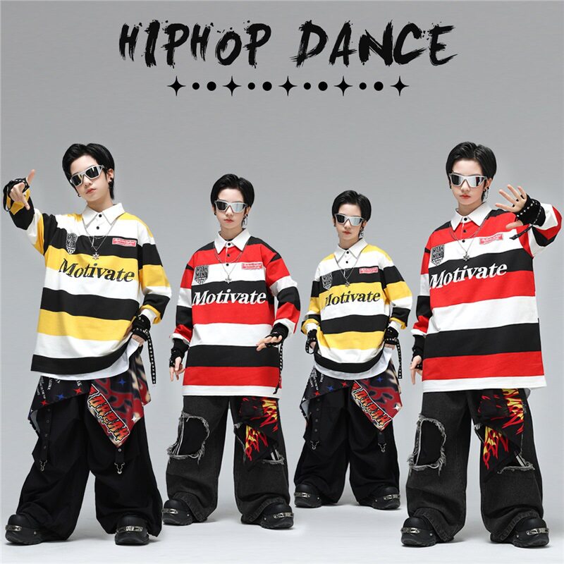 儿童街舞演出服嘻哈男女童条纹卫衣潮酷少儿hiphop舞台表演服炸街