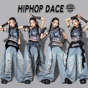 女童jazz爵士舞表演服装儿童街舞演出服女孩牛仔裤子潮装少儿套装