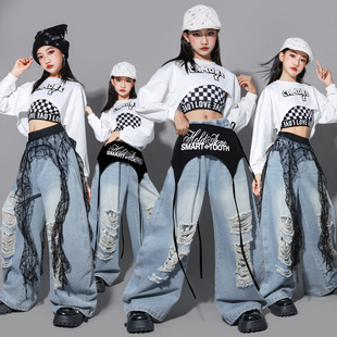 女童爵士舞服装少儿jazz练功服套装女孩牛仔裤子儿童街舞演出服潮