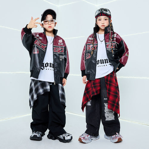 儿童街舞演出服爵士舞套装字母皮衣外套男童潮服少儿hiphop嘻哈女