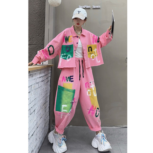 洋气彩绘涂鸦秋新款大码女装宽松百搭显瘦牛仔外套+哈伦裤两件套