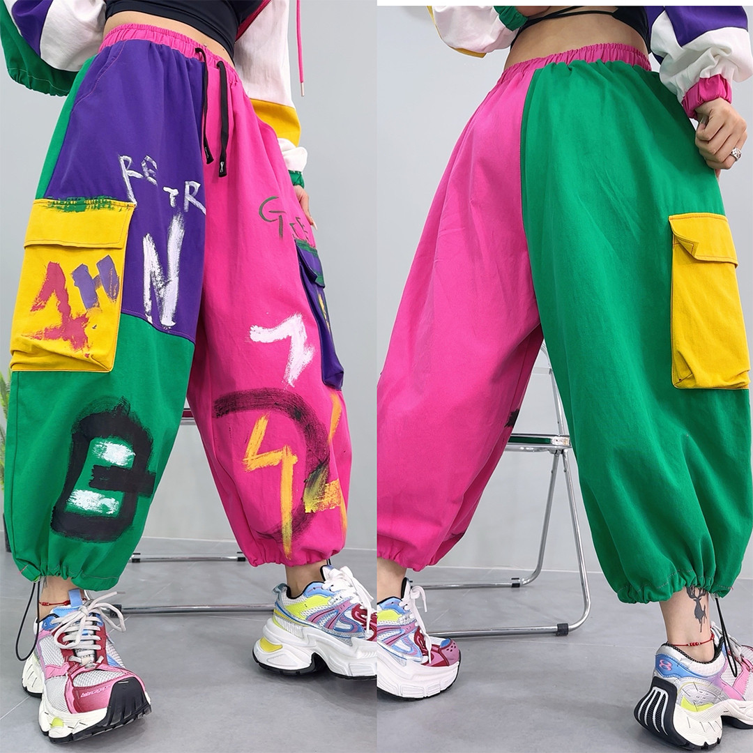 个性嘻哈宽松休闲裤女2025春新款字母印花撞色拼接工装直筒灯笼裤