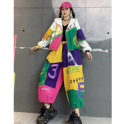 春季新款连帽开衫拼色潮裤套装