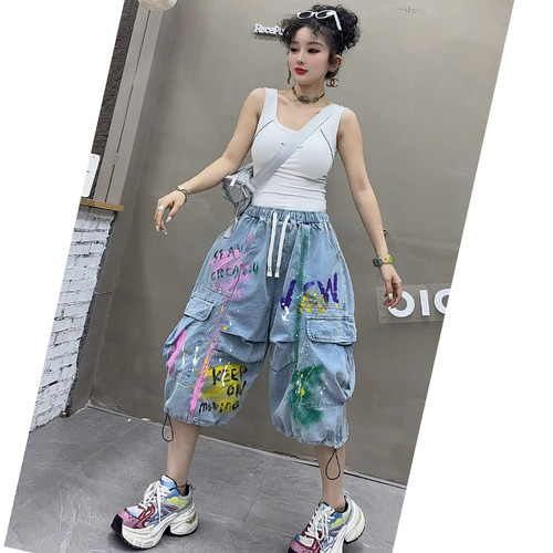 夏季彩绘涂鸦宽松直筒女牛仔裤