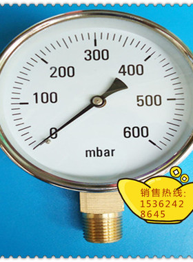 100MM径向0－600mbar压力表，毫巴压力表，毫巴燃气表