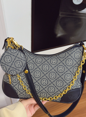 高级感小众轻奢老花链条包包女2025新款时尚牛角包百搭单肩斜挎包