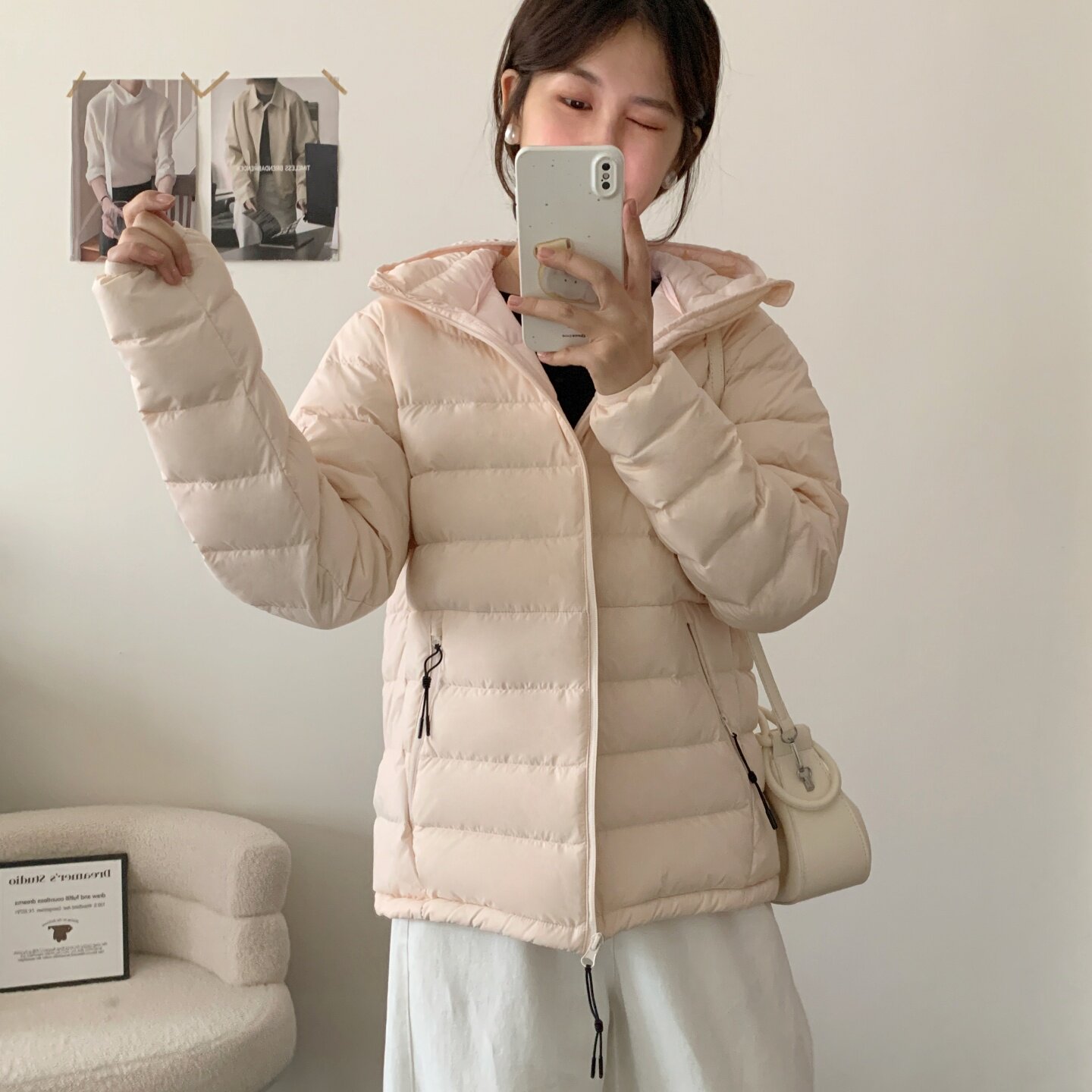 粉色新国标90白鸭绒女短款羽绒服