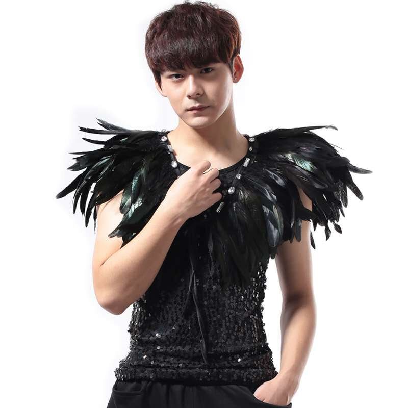新品夜店男歌手酒吧dj摇滚朋w克ds韩版服装羽毛马甲装饰ds表演演