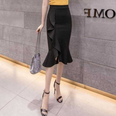 Брюки 韩版半身裙女春夏装不规则荷叶边高腰大码弹力修身显瘦鱼尾包臀裙