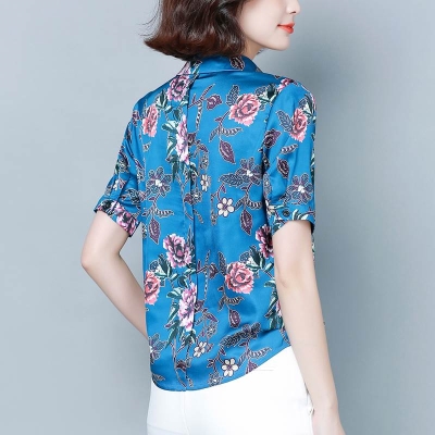 真丝上衣女式碎花短袖真丝女半袖衫大码短款上衣女夏