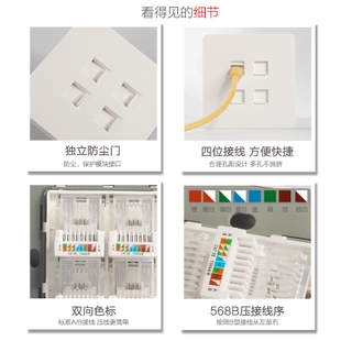 四口雅白四位电脑网线插座 网络面板宽带信息模块86面板双网口暗装