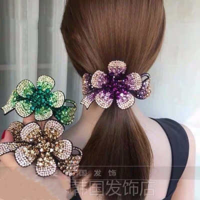 新品韩版捷克水钻富贵花飘带大号弹簧夹顶夹盘发发卡横夹妈妈发夹