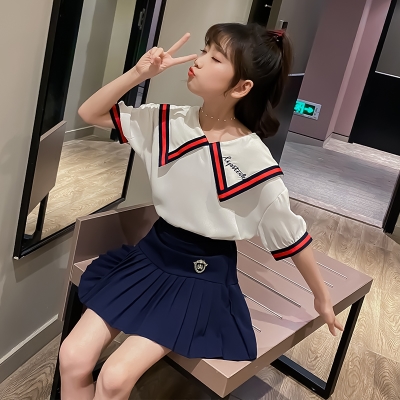 女童套装夏装2020新款洋气网红中大儿童学院风女孩夏季短袖+裙子
