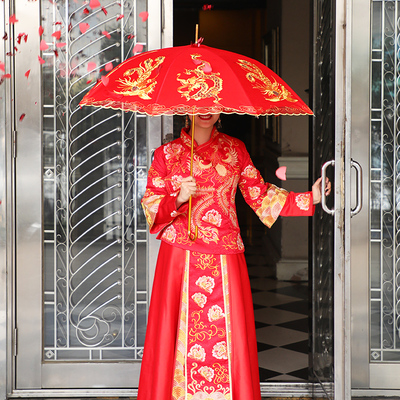 结婚蕾丝大红伞婚庆长柄伞新娘出嫁红伞防晒太阳伞工艺晴雨伞