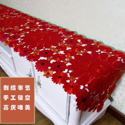 刺绣桌旗茶几巾电视柜桌布大红色欧式结婚喜庆盖布餐桌布手工镂i.