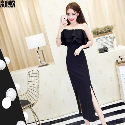 新款2020夏装韩版气质撞色一字领荷叶边露肩抹胸长款修身开叉