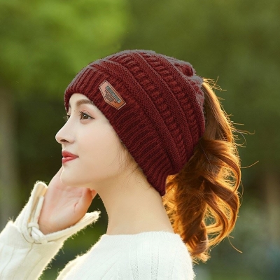 扎高辫子戴的帽子露头发扎马尾帽子毛线帽秋冬保暖无顶加绒针织帽