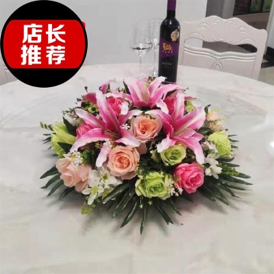 酒店大圆桌摆花圆形台花装饰摆设餐桌塑料花酒店转9盘花绢花假