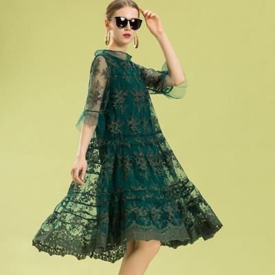 重工刺绣连衣裙2020夏装新款时尚气质宽松网纱中长款大码绣花裙子