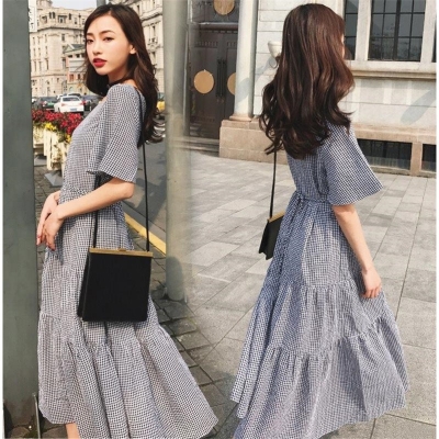 格子长裙高腰显瘦及踝学生长裙2020夏季新款韩版连衣裙女装