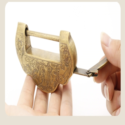 元宝锁铸造仿古木箱子雕花挂锁柜子中式纯铜结婚老老式铜锁锁头