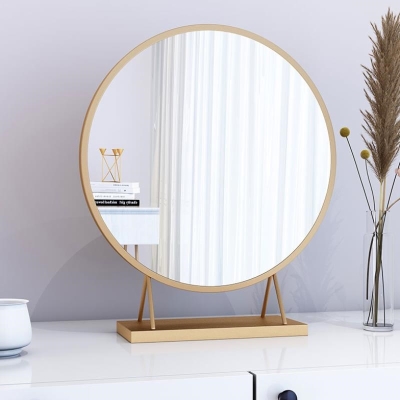 台式台镜大贴墙式圆形墙壁妆台镜子镜化妆壁挂北欧卧室梳妆金色
