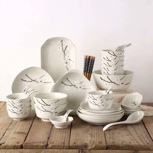 家用日式 碗碟套装 碗盘多人组合釉下彩陶瓷餐具套餐吃饭碗勺菜盘子
